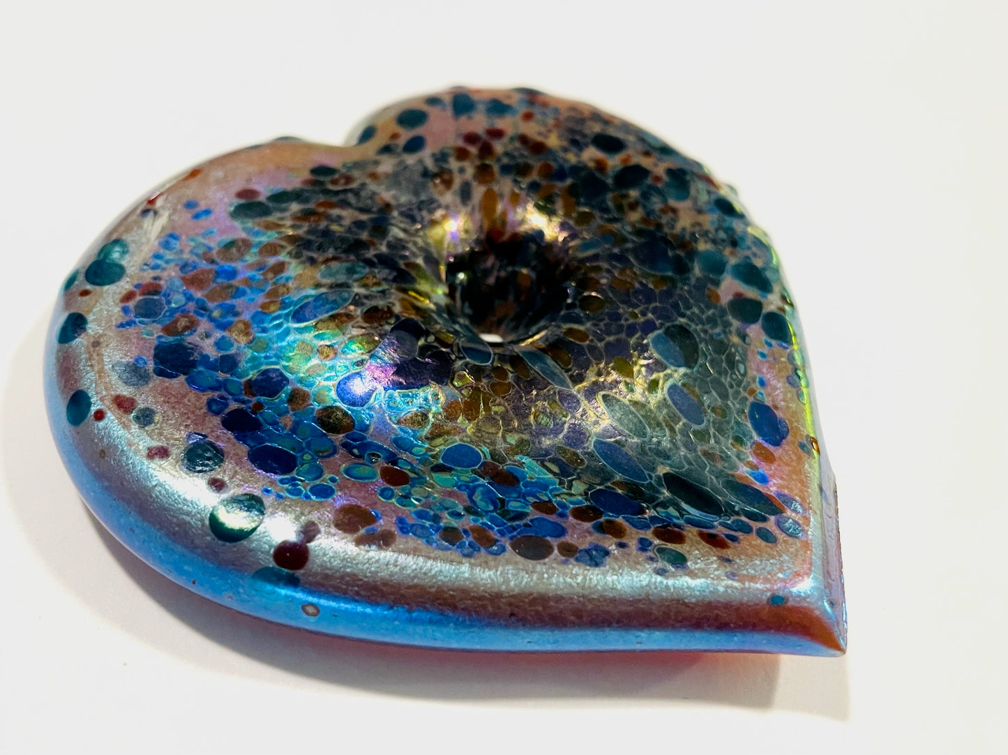 A Modernist Folk Art Iridized Rainbow Blue Glass Heart