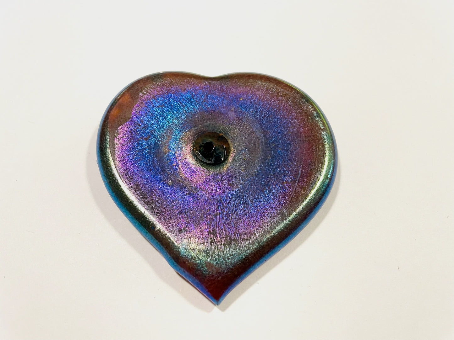 A Modernist Folk Art Iridized Rainbow Blue Glass Heart