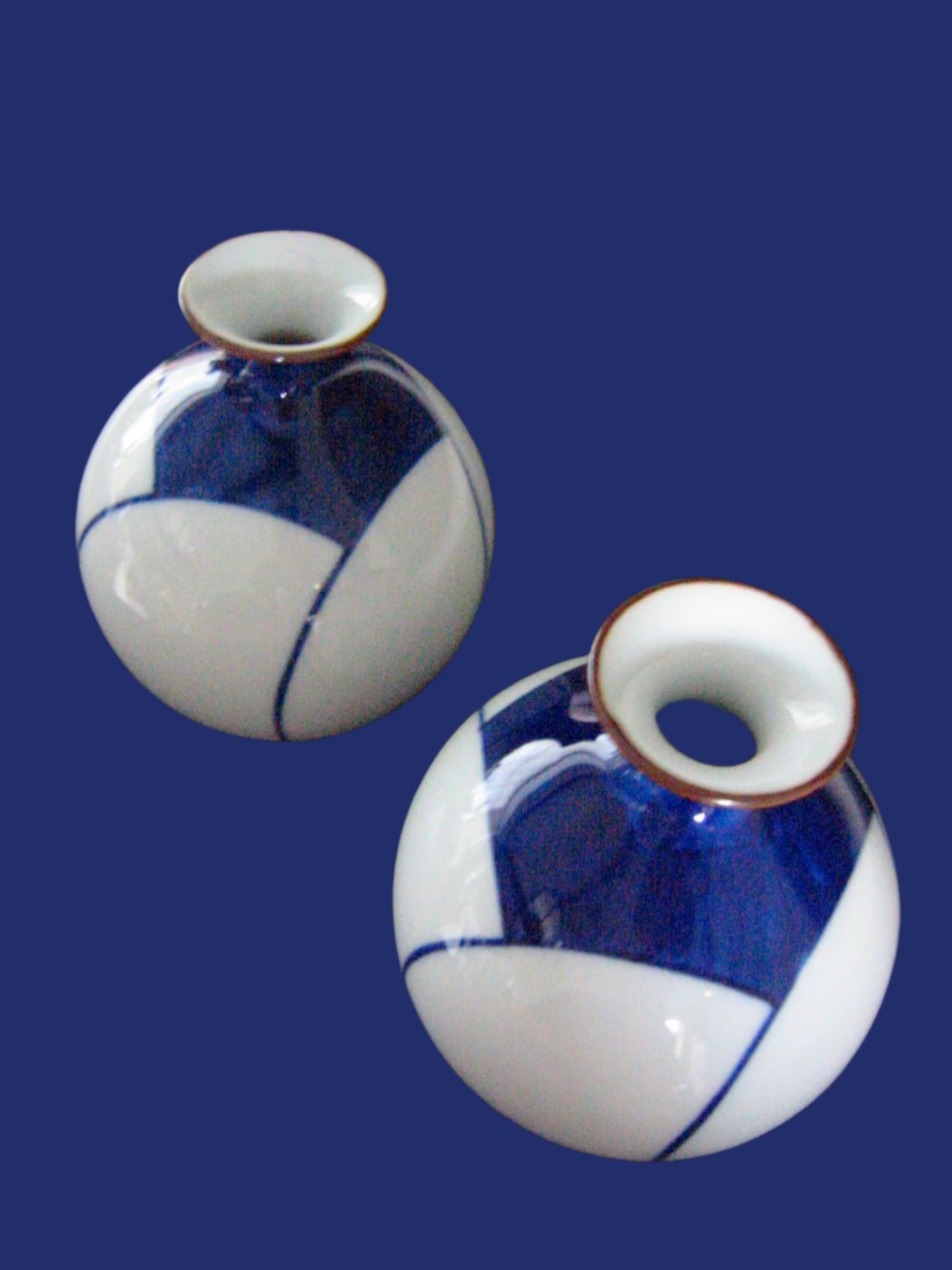 Art Deco Asian Geometric Design Porcelain Signature Blue White Vases