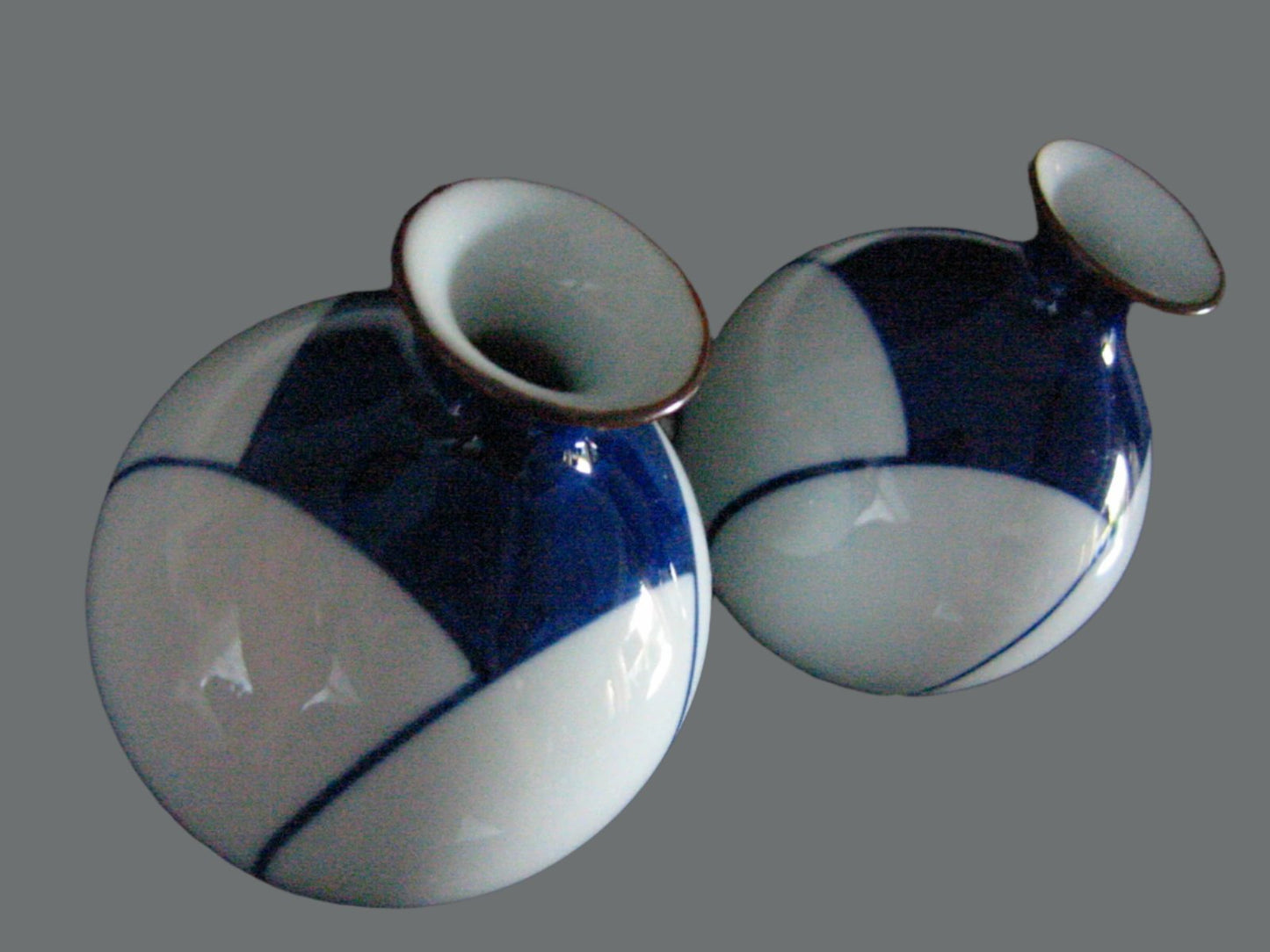 Art Deco Asian Geometric Design Porcelain Signature Blue White Vases