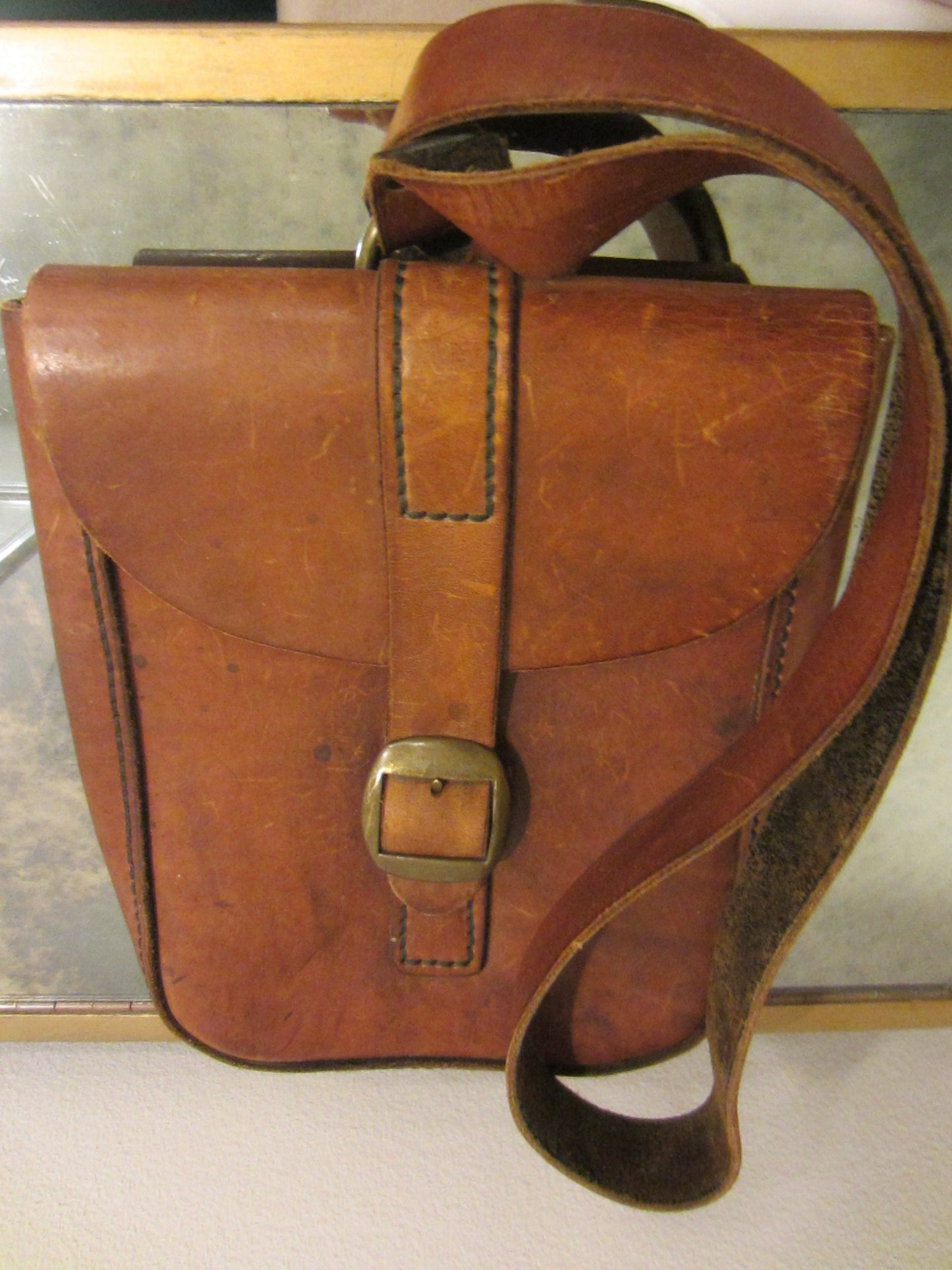 Tan Leather Postman Brass Buckle Backpack