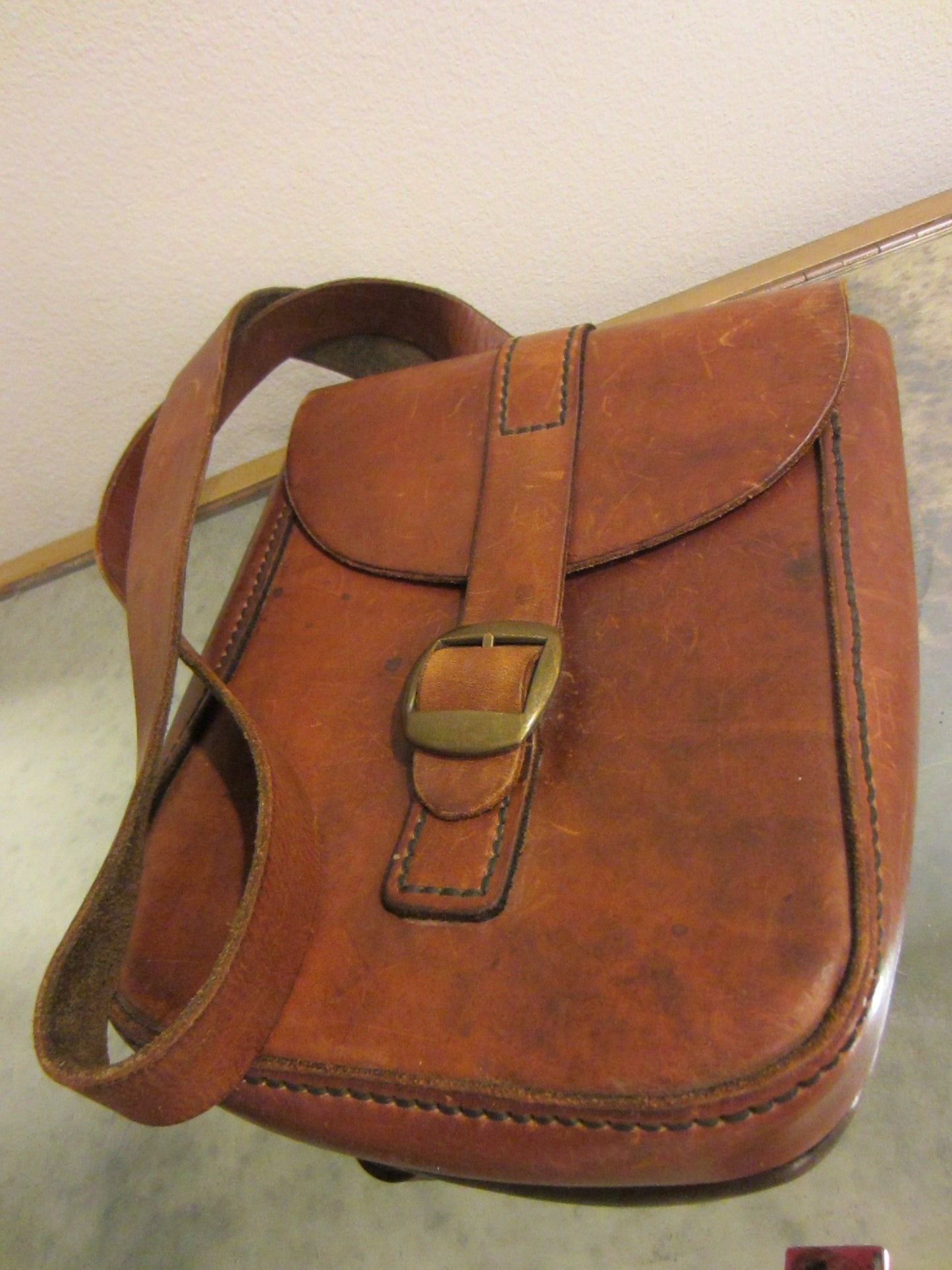 Tan Leather Postman Brass Buckle Backpack