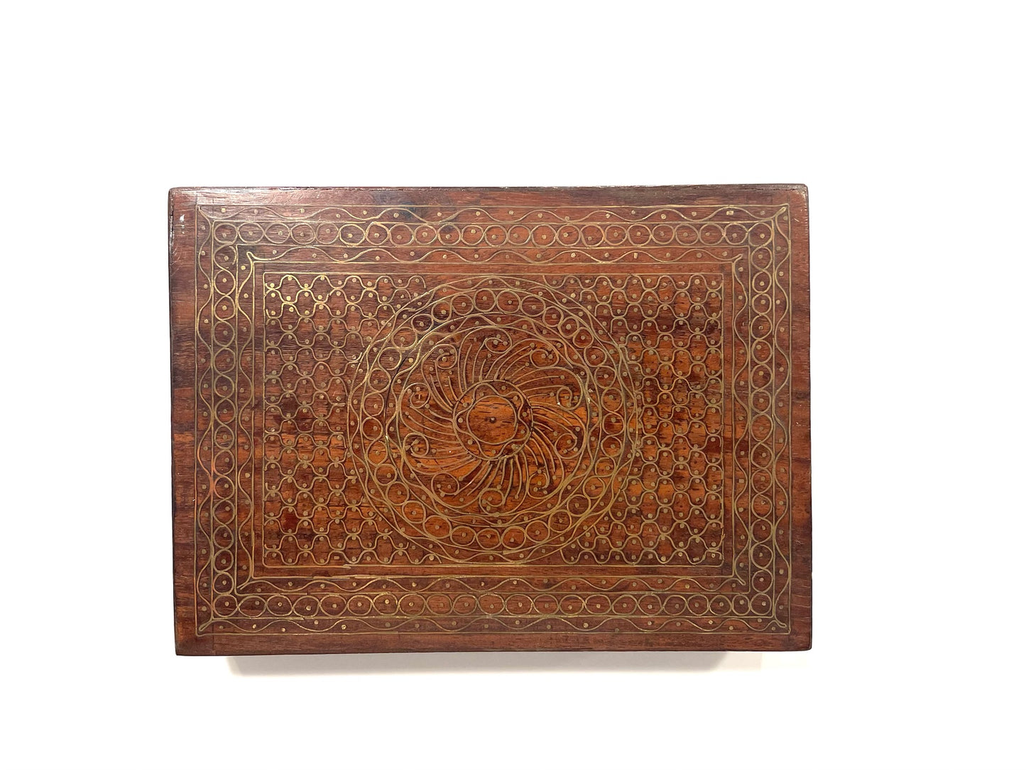 A Vintage Mahogany Floral Wired Rectangle Playing Card Box