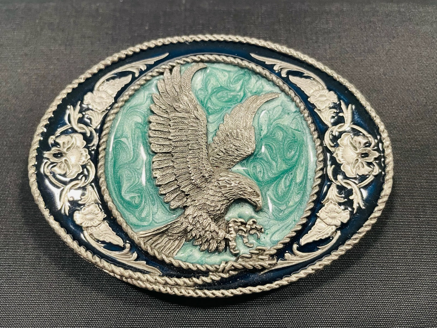 Siskiyou Buckle Co Pewter Eagle Green Enamel Belt Buckle Hallmarked