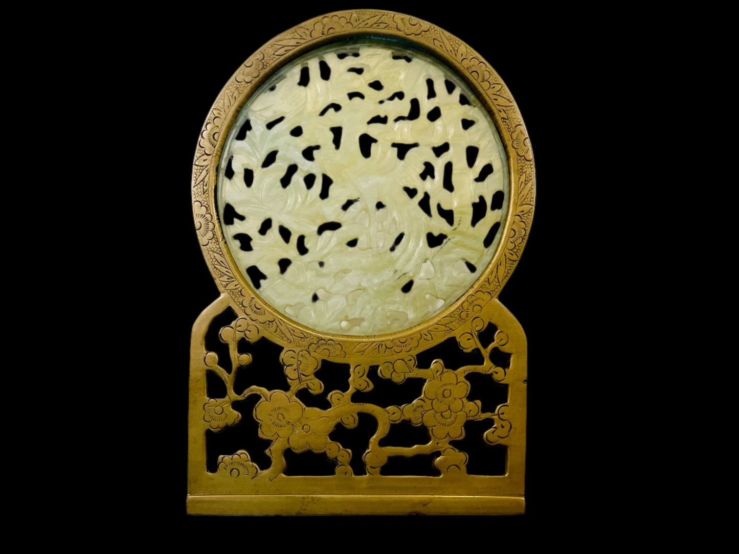 White Jade Plaque Symbolizing Dragon Phoenix On Intricate Brass Frame