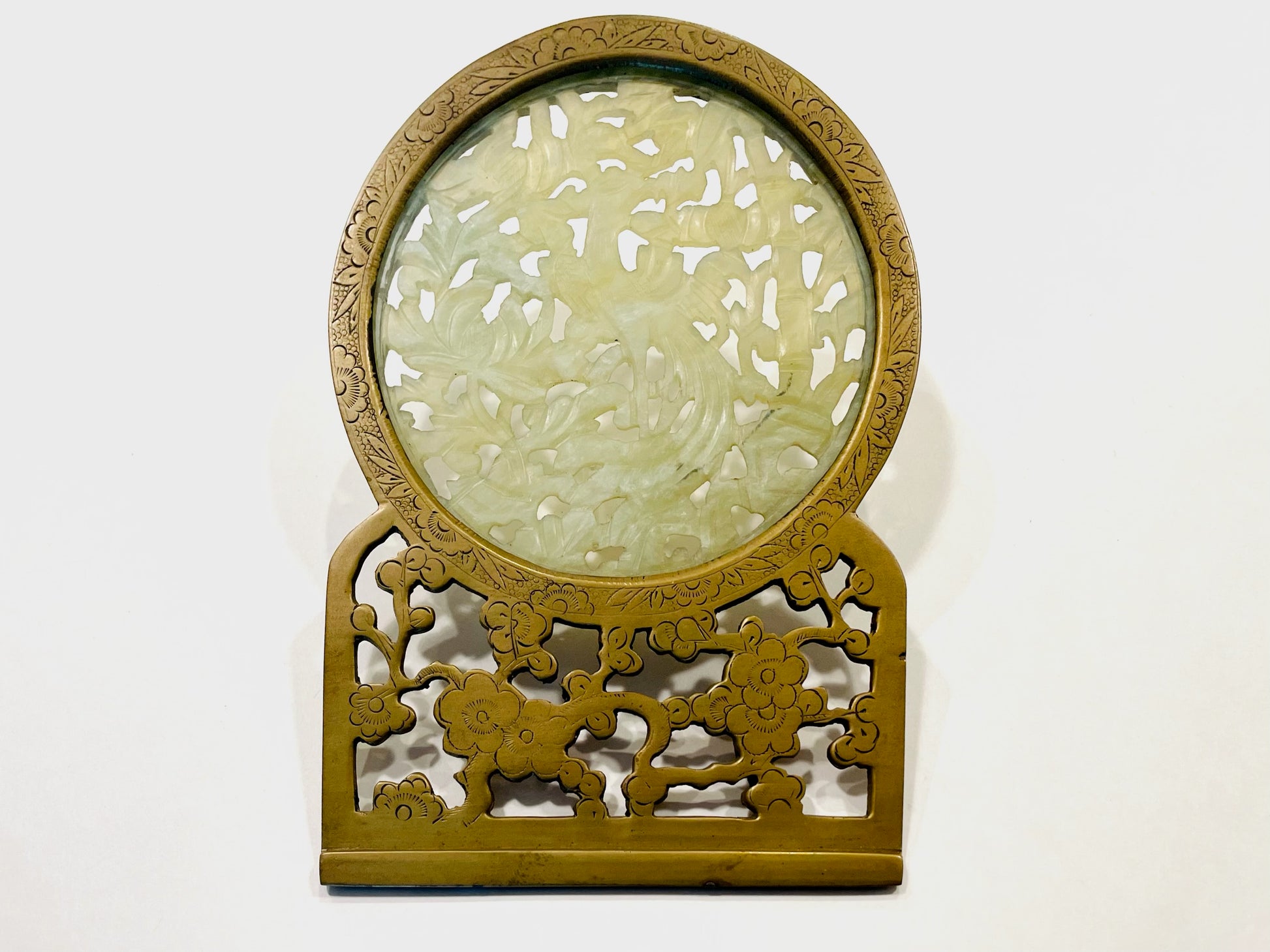 White Jade Plaque Symbolizing Dragon Phoenix Intricate Ornate Brass Frame