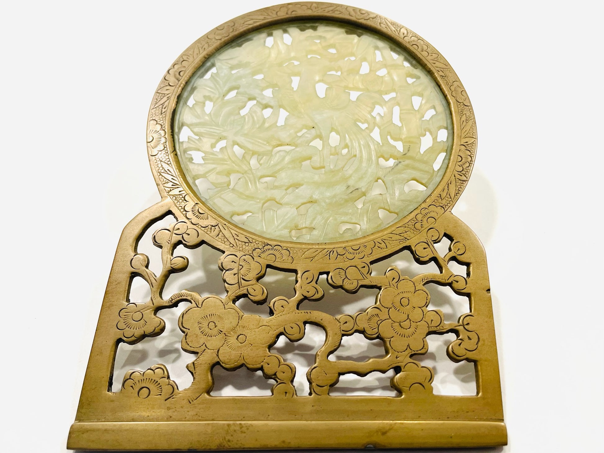 White Jade Plaque Symbolizing Dragon Phoenix On Intricate Brass Frame