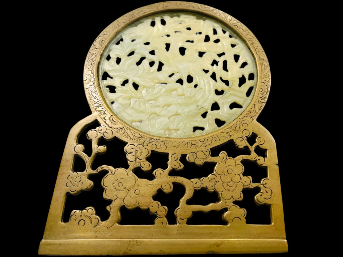 White Jade Plaque Symbolizing Dragon Phoenix Intricate Ornate Brass Frame