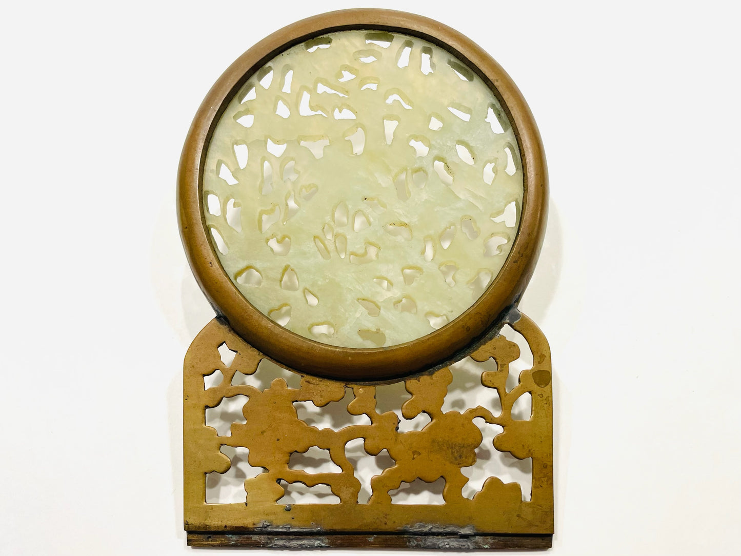 White Jade Plaque Symbolizing Dragon Phoenix On Intricate Brass Frame