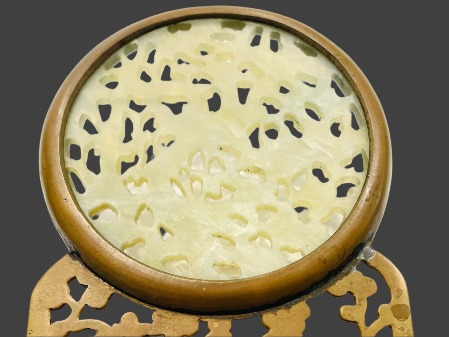 White Jade Plaque Symbolizing Dragon Phoenix Intricate Ornate Brass Frame