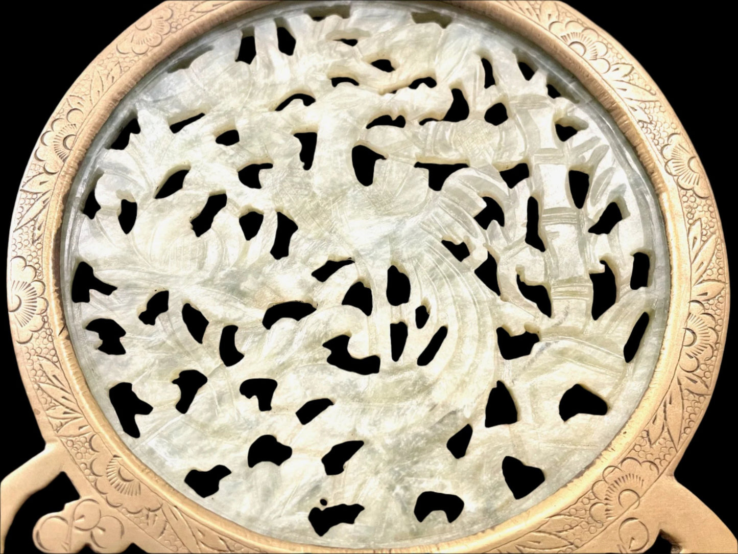 White Jade Plaque Symbolizing Dragon Phoenix Intricate Ornate Brass Frame