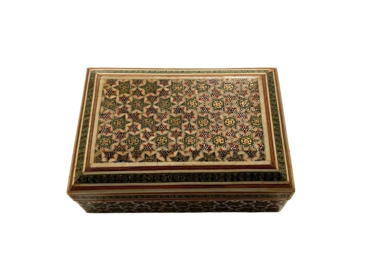 A Persian Khatam Small Jewelry Box Handmade Geometric Gold Accent