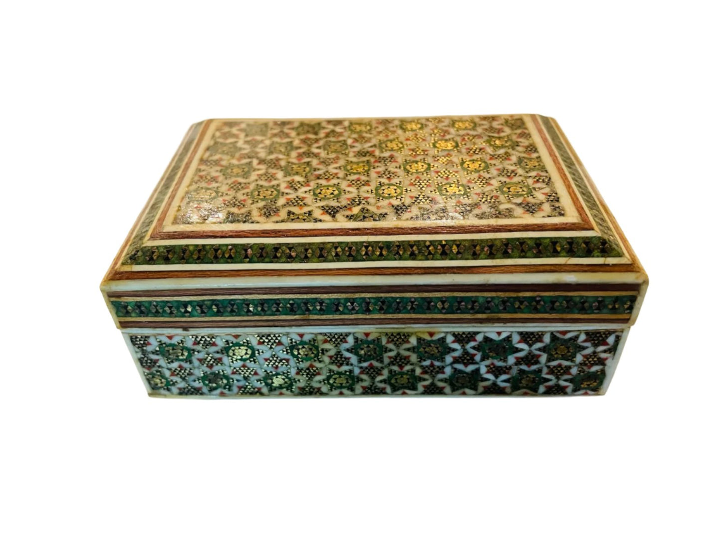 A Persian Khatam Small Jewelry Box Handmade Geometric Gold Accent