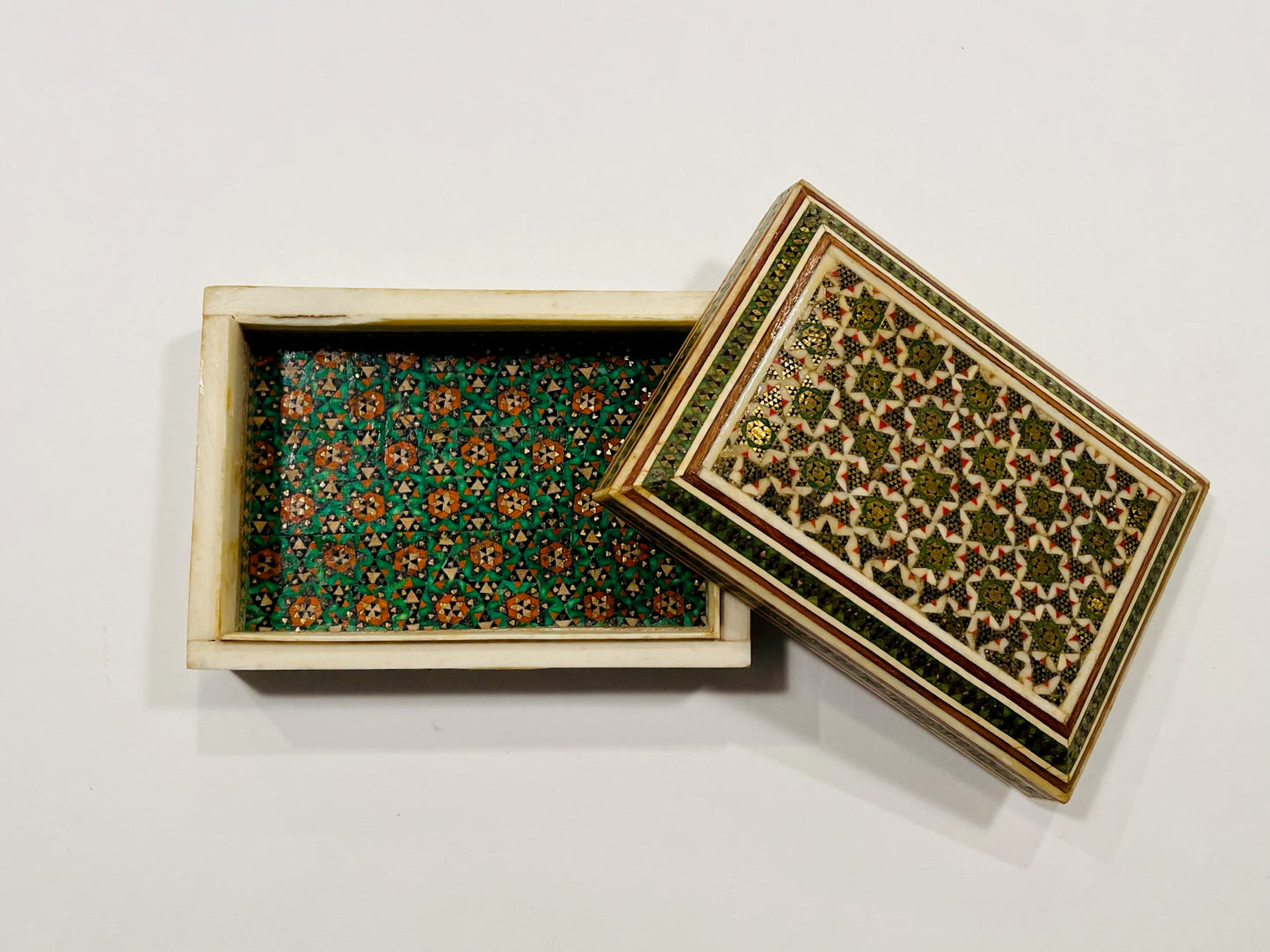 A Persian Khatam Small Jewelry Box Handmade Geometric Gold Accent