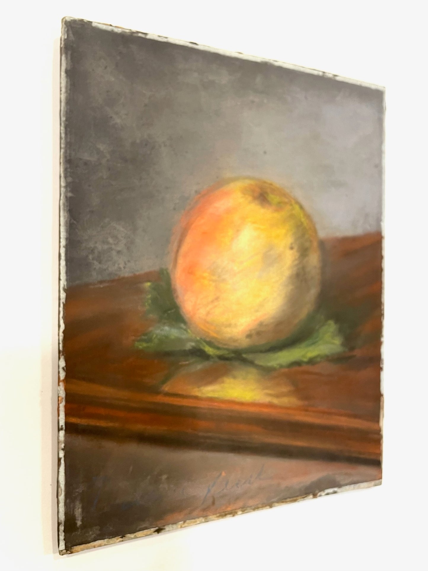 A Peach Impressionist French Still Life Fruit Pastel On Board Signed Mona L Hurier