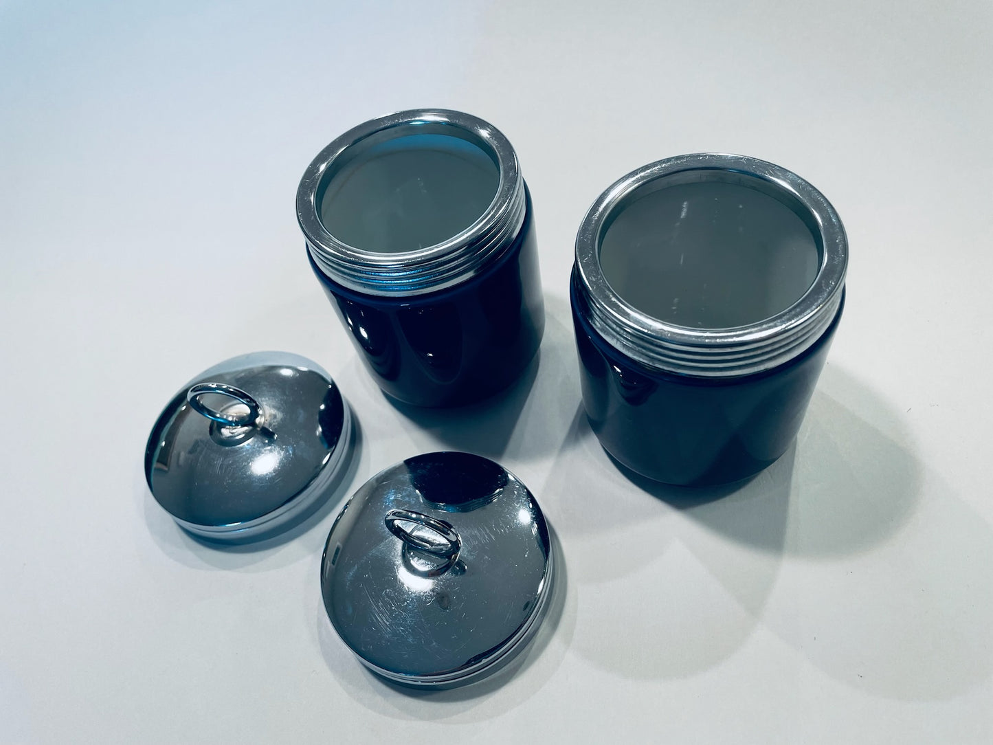 Pair of Modern Ceramic Cobalt Chrome Lids Canisters