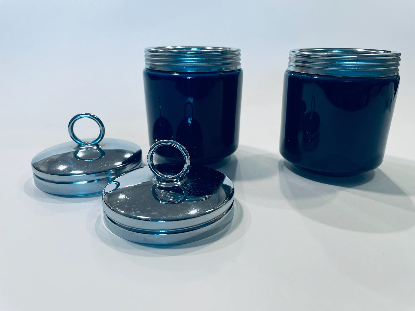 Pair of Modern Ceramic Cobalt Chrome Lids Canisters