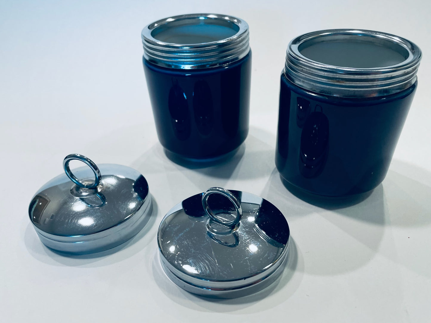 Pair of Modern Ceramic Cobalt Chrome Lids Canisters