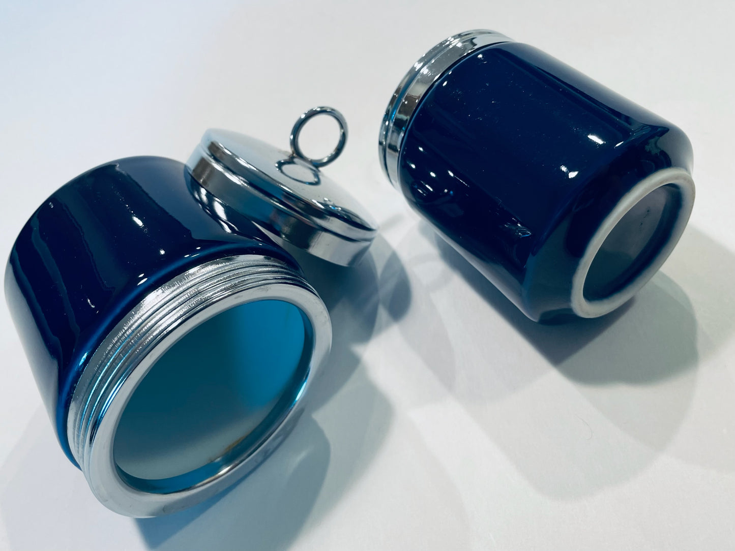 Pair of Modern Ceramic Cobalt Chrome Lids Canisters