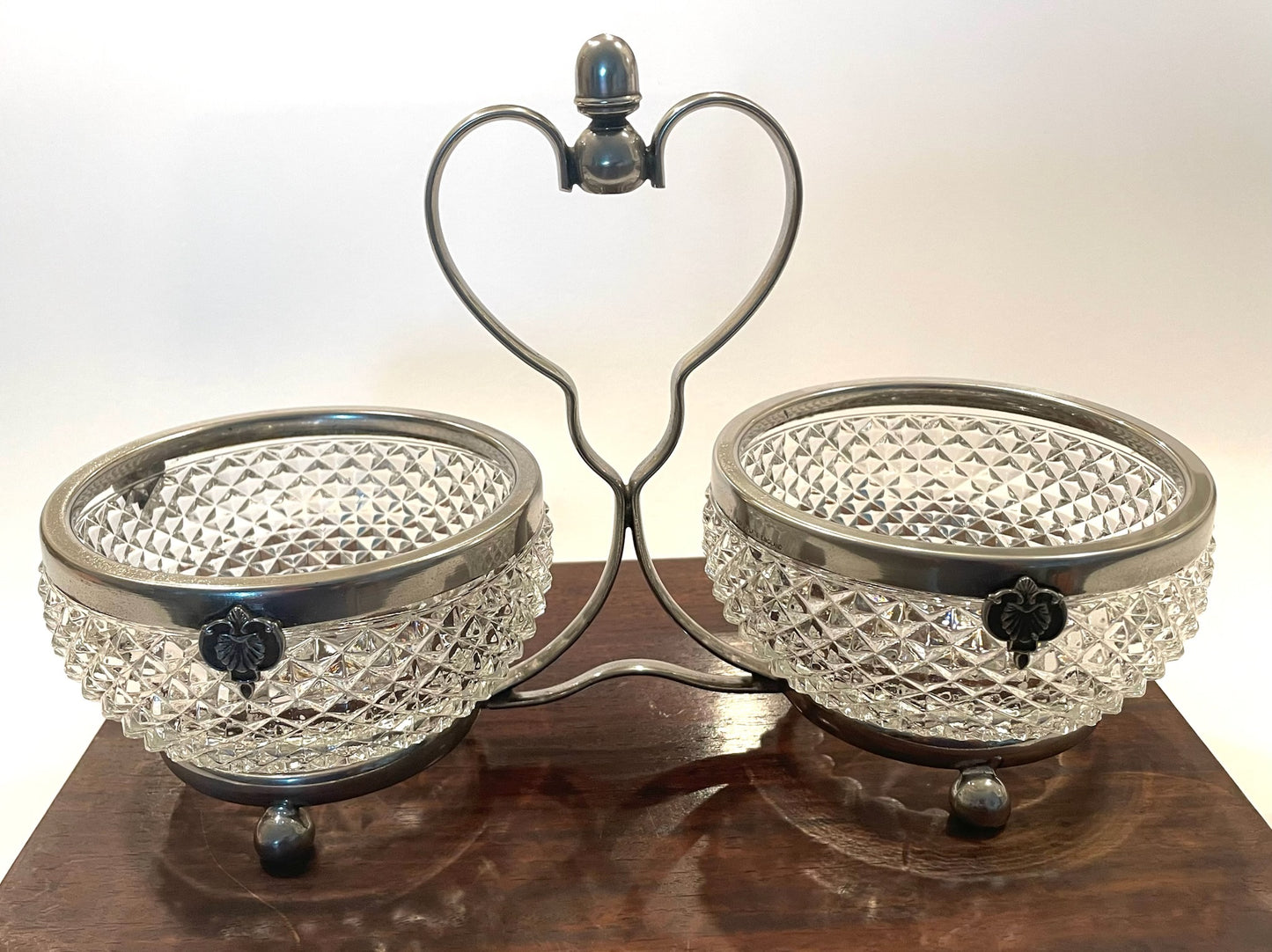 Silverplate England Diamond Cut Glass Condiment Bowls On Holder