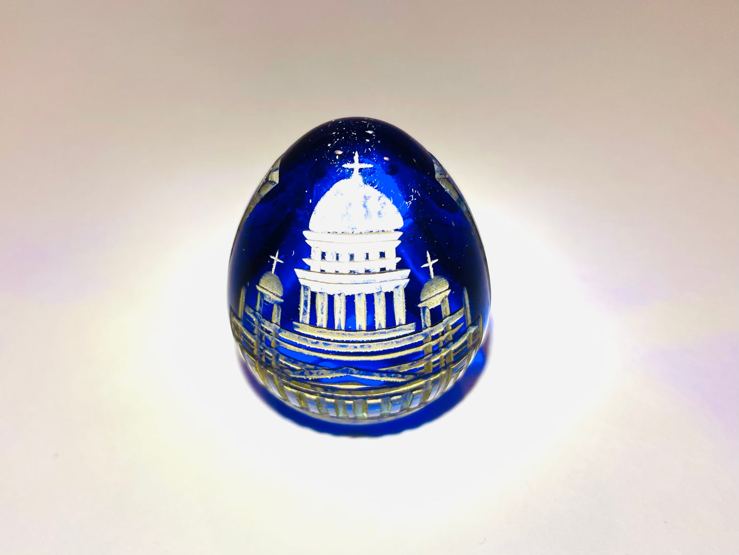 Hand Carved Gilt Decorated Miniature Cobalt Glass Egg