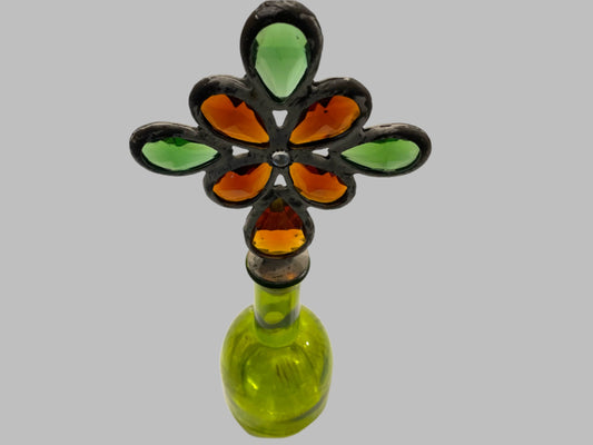 Folk Art Hand Soldered Stained Glass Decorative Green Bottle