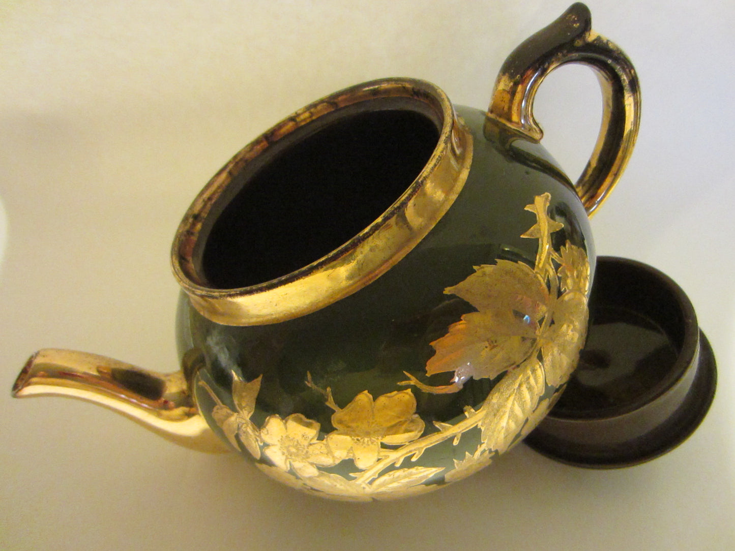 Staffordshire England Green Teapot Decorated Gold Flowers