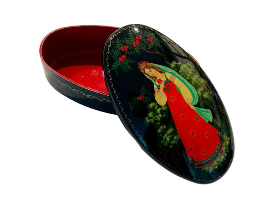 Folk Art Hand Painted Portrait Oval Toleware Metal Box 