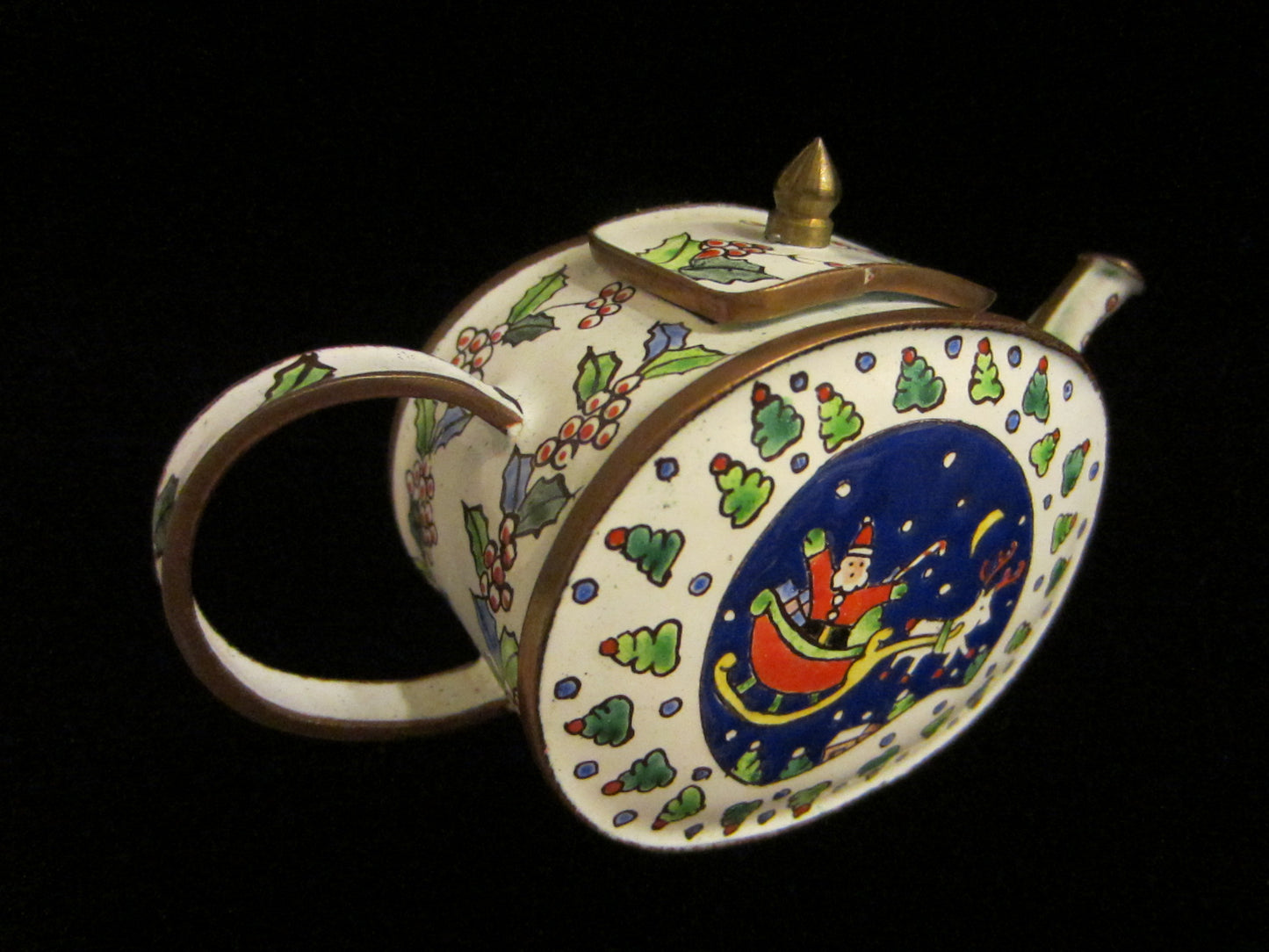 Teapot Style Christmas Enamel On Copper Box