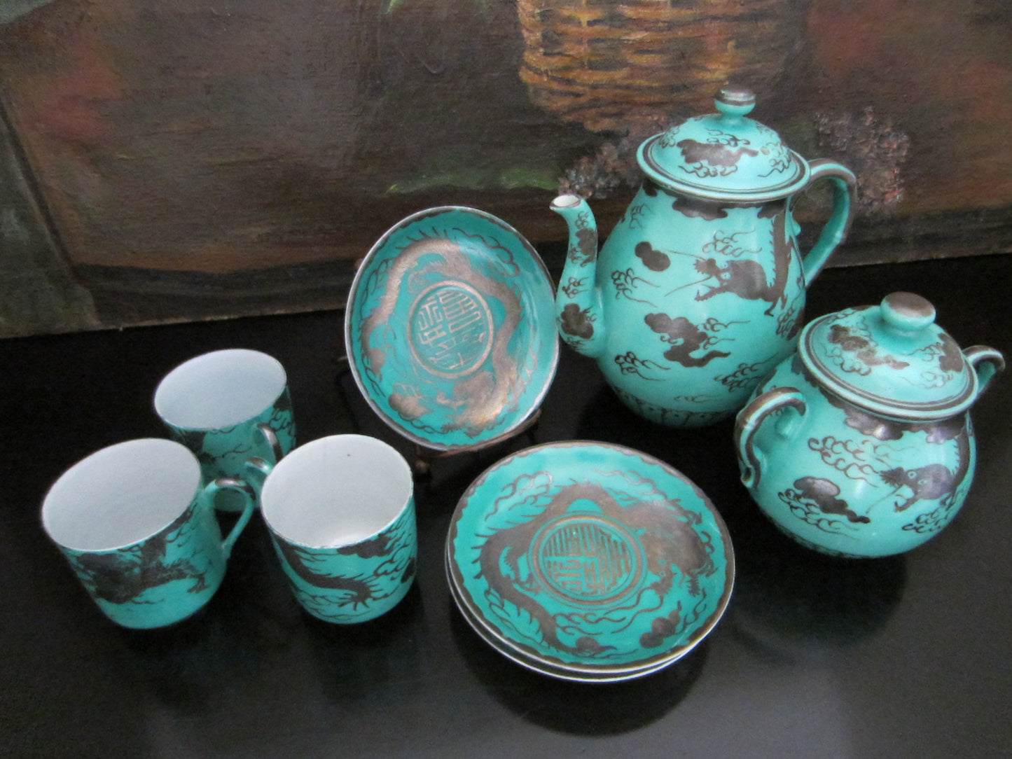 Antique Silver Dragon Turquoise Brief Tea Service