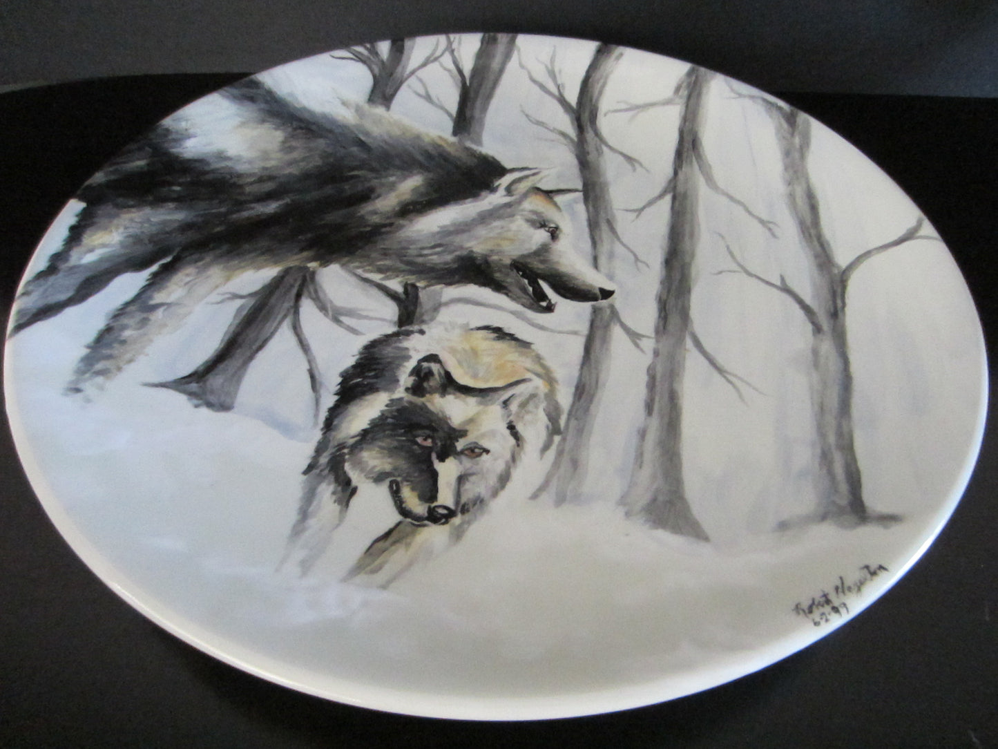 Robert Hazelton Winter Wolves Signed Modern Porcelain Charger