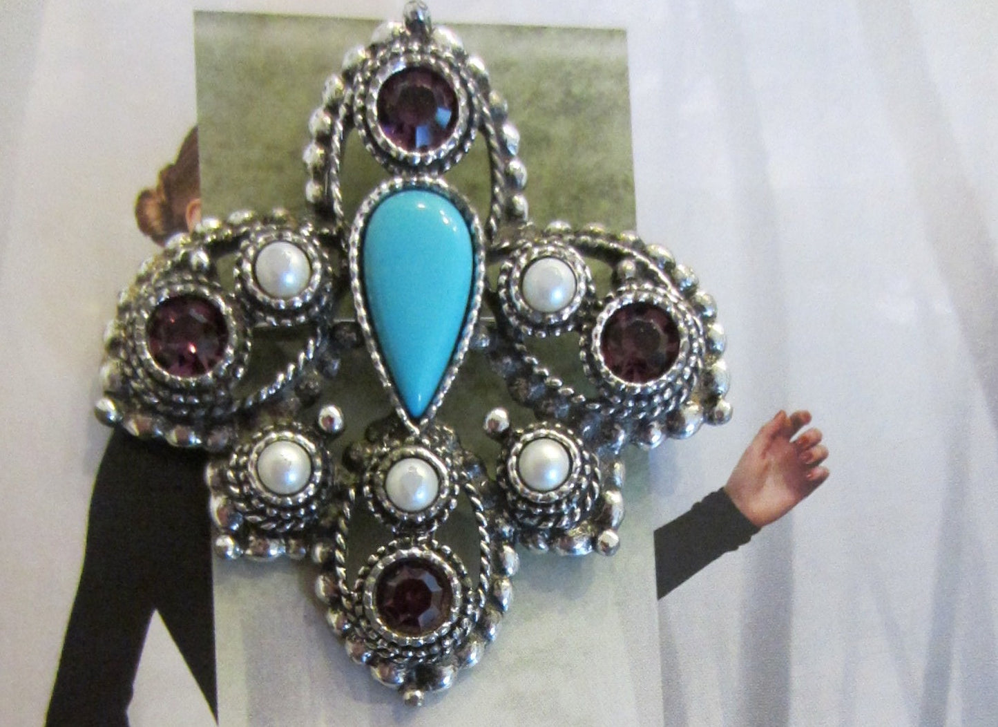 Sarah Cov Maltese Brooch Turquoise Tear Drop Cabochon