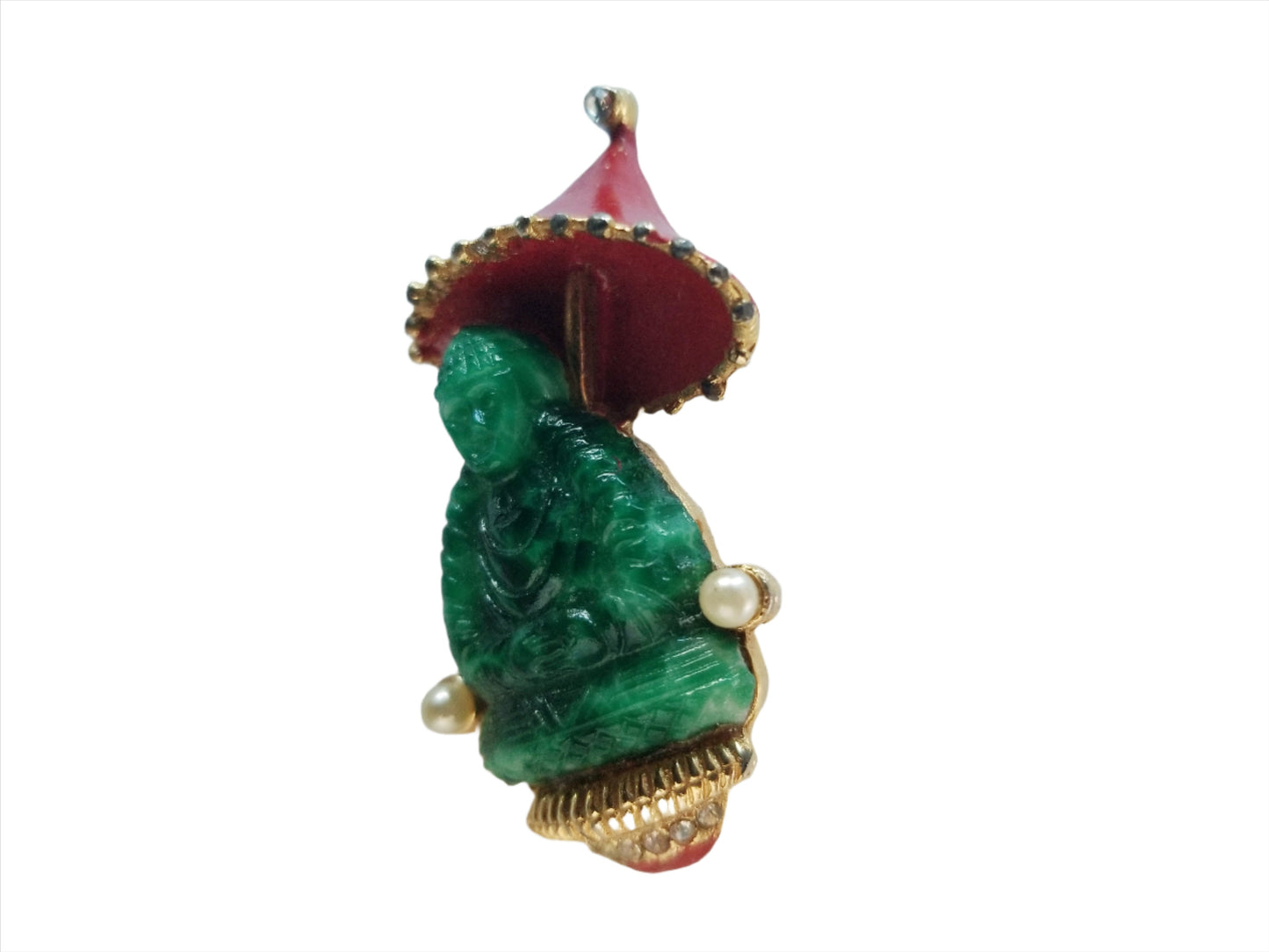 Green Jade Buddha Brooch Incorporated Pearls Crystals Gems