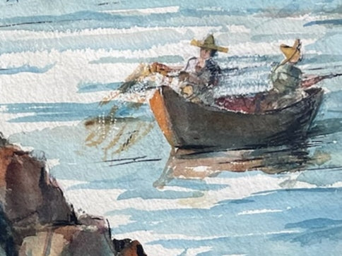 Watercolor Marine Gouache Signed L Hirsch Fisherman Boats People