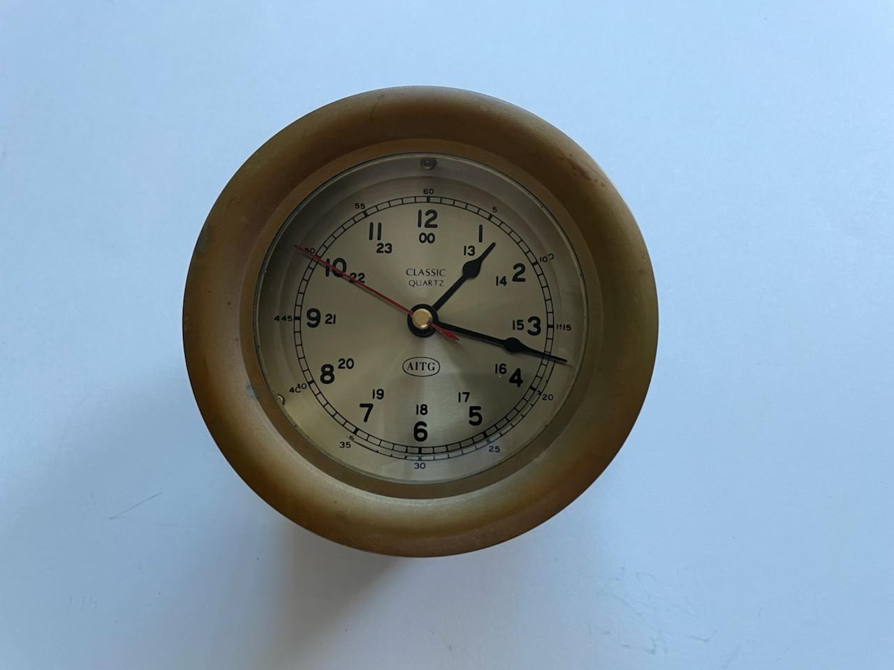 AITG Brass Quartz Ship Clock On Stand Mid Century Modern