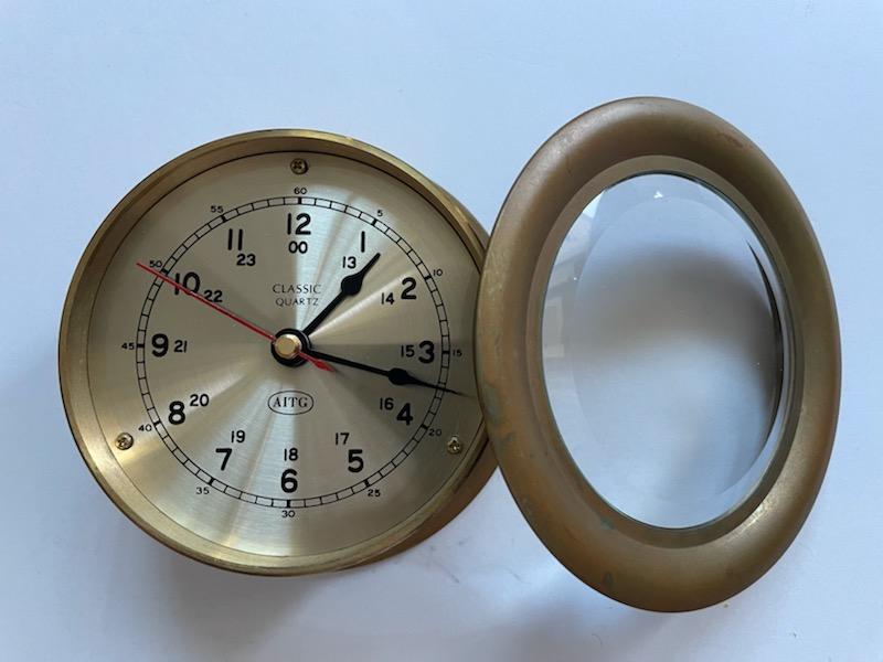 AITG Brass Quartz Ship Clock On Stand Mid Century Modern