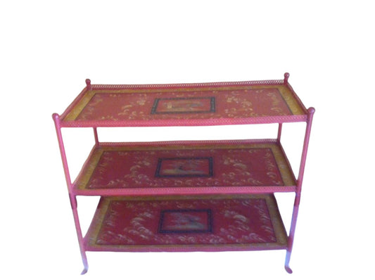 Chinoiserie Red Tole Tiered Oriental Signed Metal  Etagere 