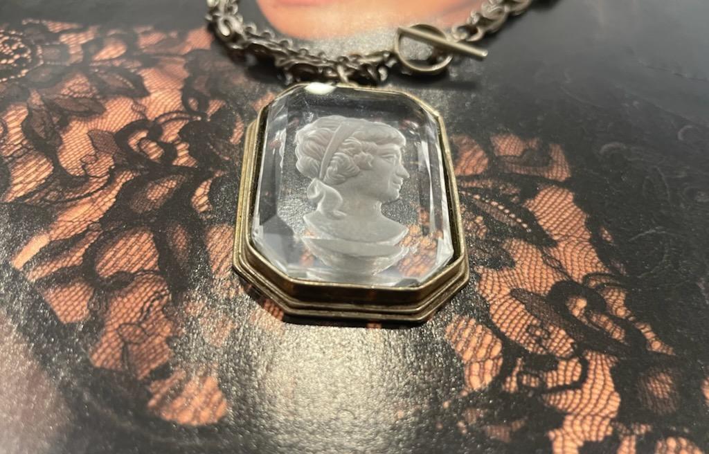 Cameo Glass Baguette Cut Portrait Pendant Unique Duo Chain Necklace