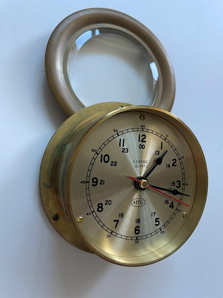 AITG Brass Quartz Ship Clock On Stand Mid Century Modern