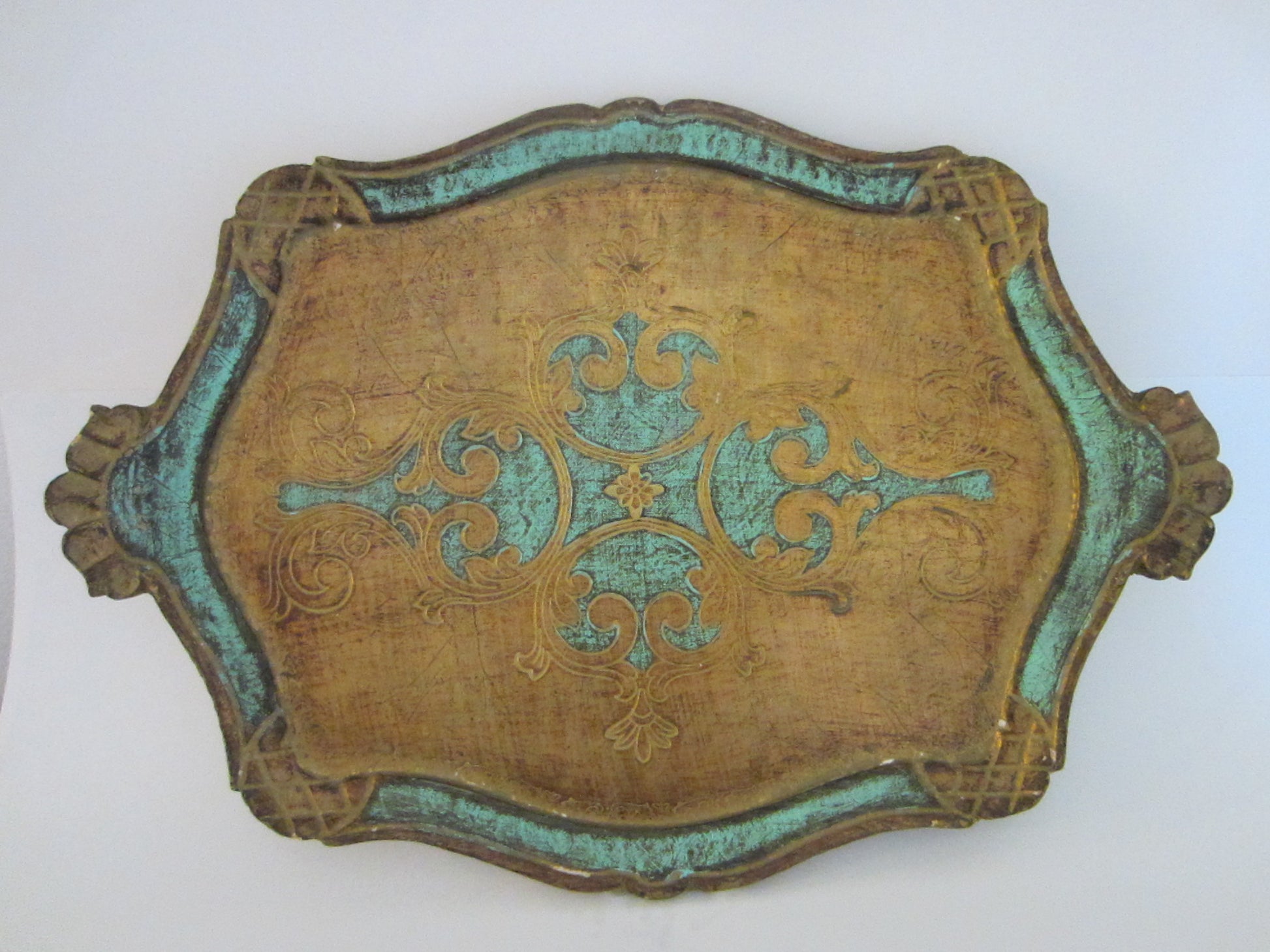 Florentine Gilt Art Tray Turquoise Floral Decoration - Designer Unique Finds 