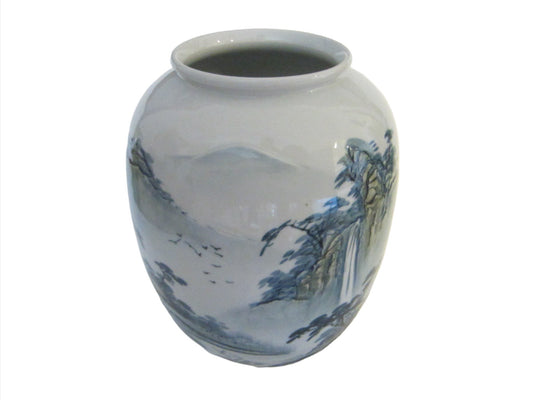 Blue White Baluster Signed Porcelain Vase Japanese Mountain Waterfalls - Designer Unique Finds 