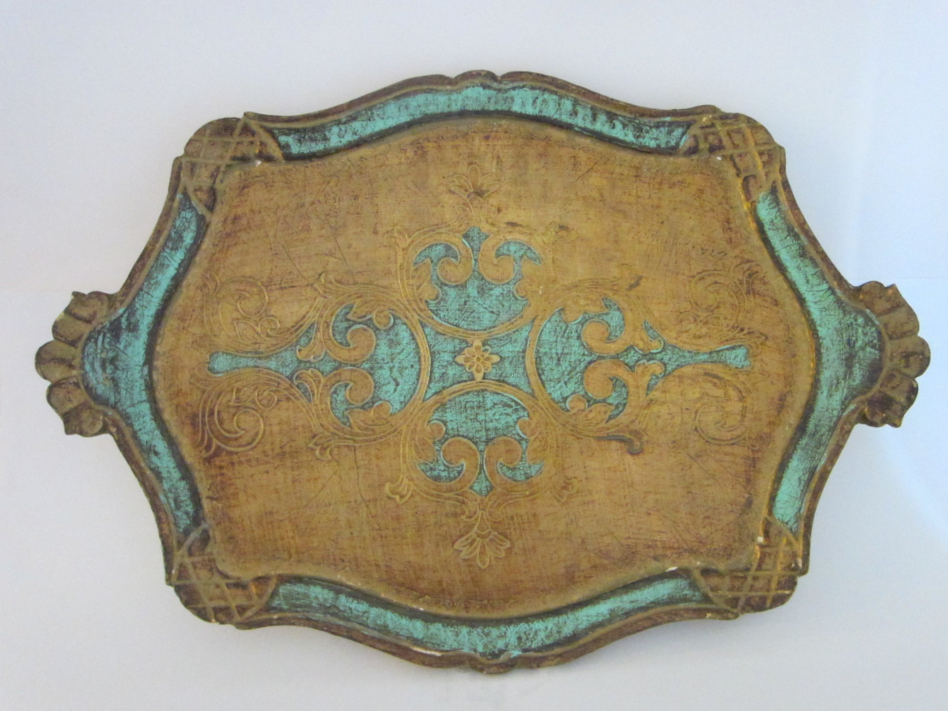 Florentine Gilt Art Tray Turquoise Floral Decoration - Designer Unique Finds 