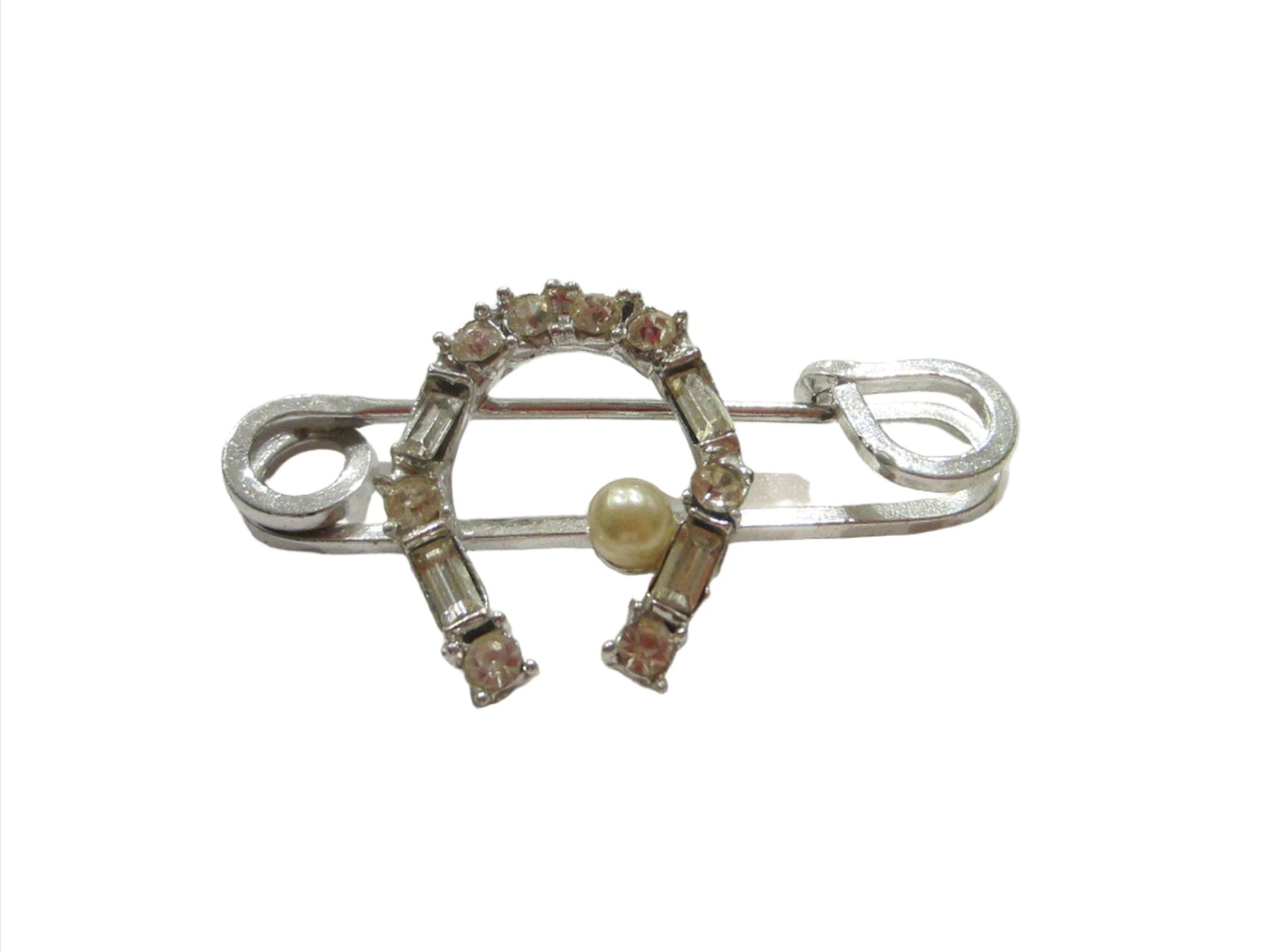 Rhinestone Safety Pin Horse Shoe Brooch