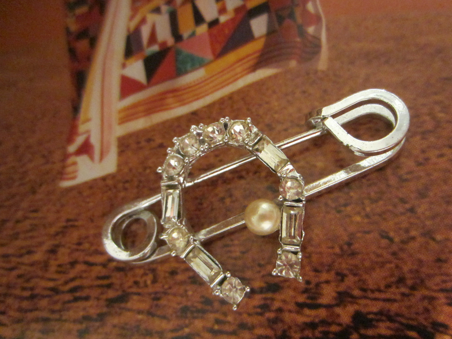 Rhinestone Safety Pin Horse Shoe Brooch