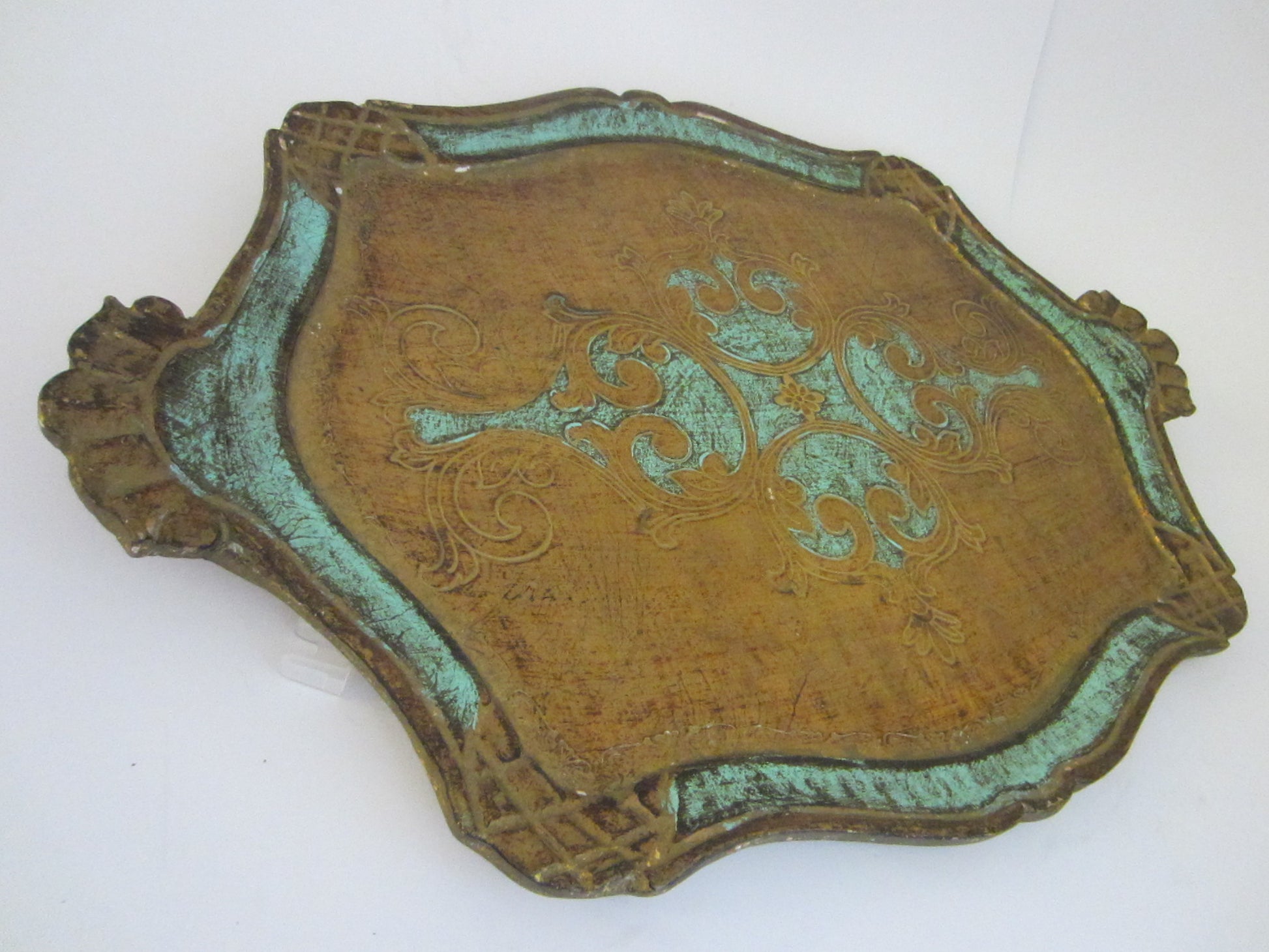 Florentine Gilt Art Tray Turquoise Floral Decoration - Designer Unique Finds 