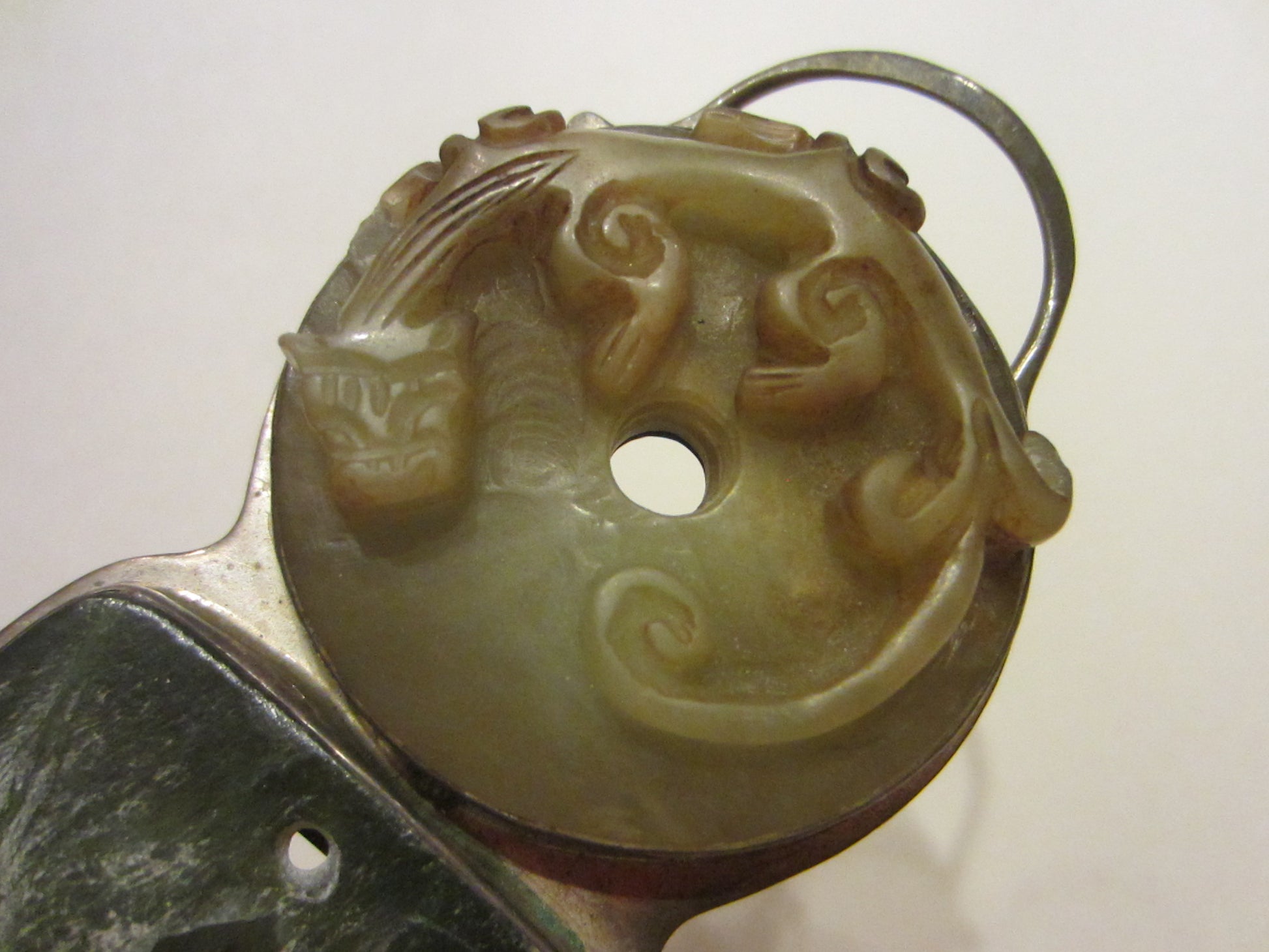 Jade Pendant Asian Carved Dragon Figurative Silver Frame By Gail Goldin - Designer Unique Finds 