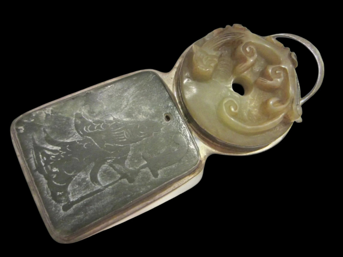 Jade Pendant Asian Carved Dragon Figurative Silver Frame By Gail Goldin - Designer Unique Finds 