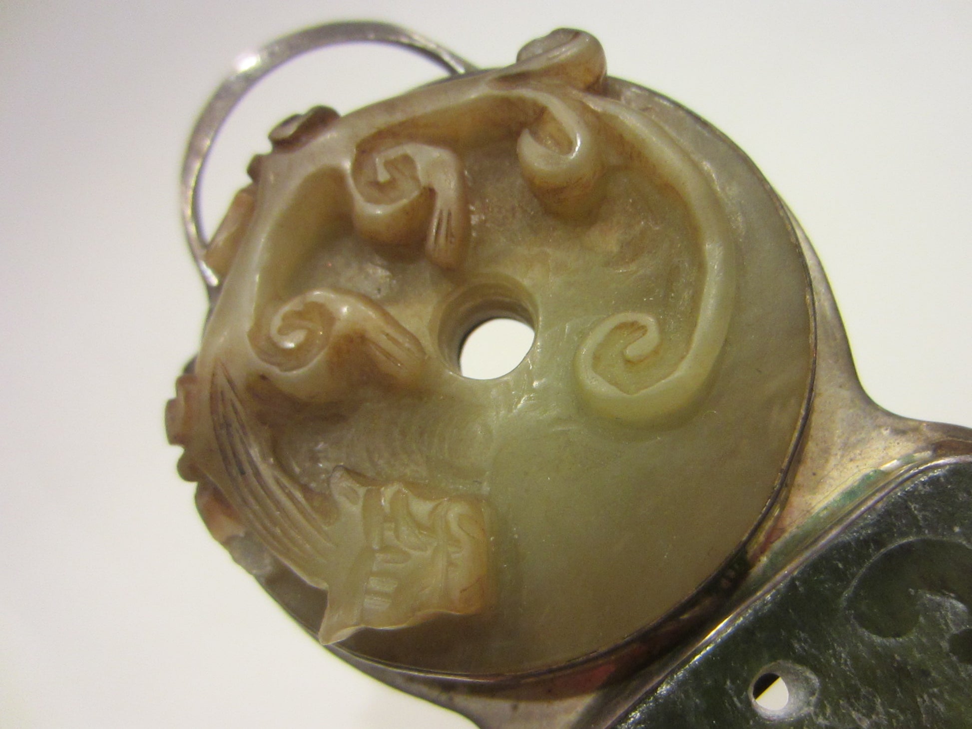 Jade Pendant Asian Carved Dragon Figurative Silver Frame By Gail Goldin - Designer Unique Finds 