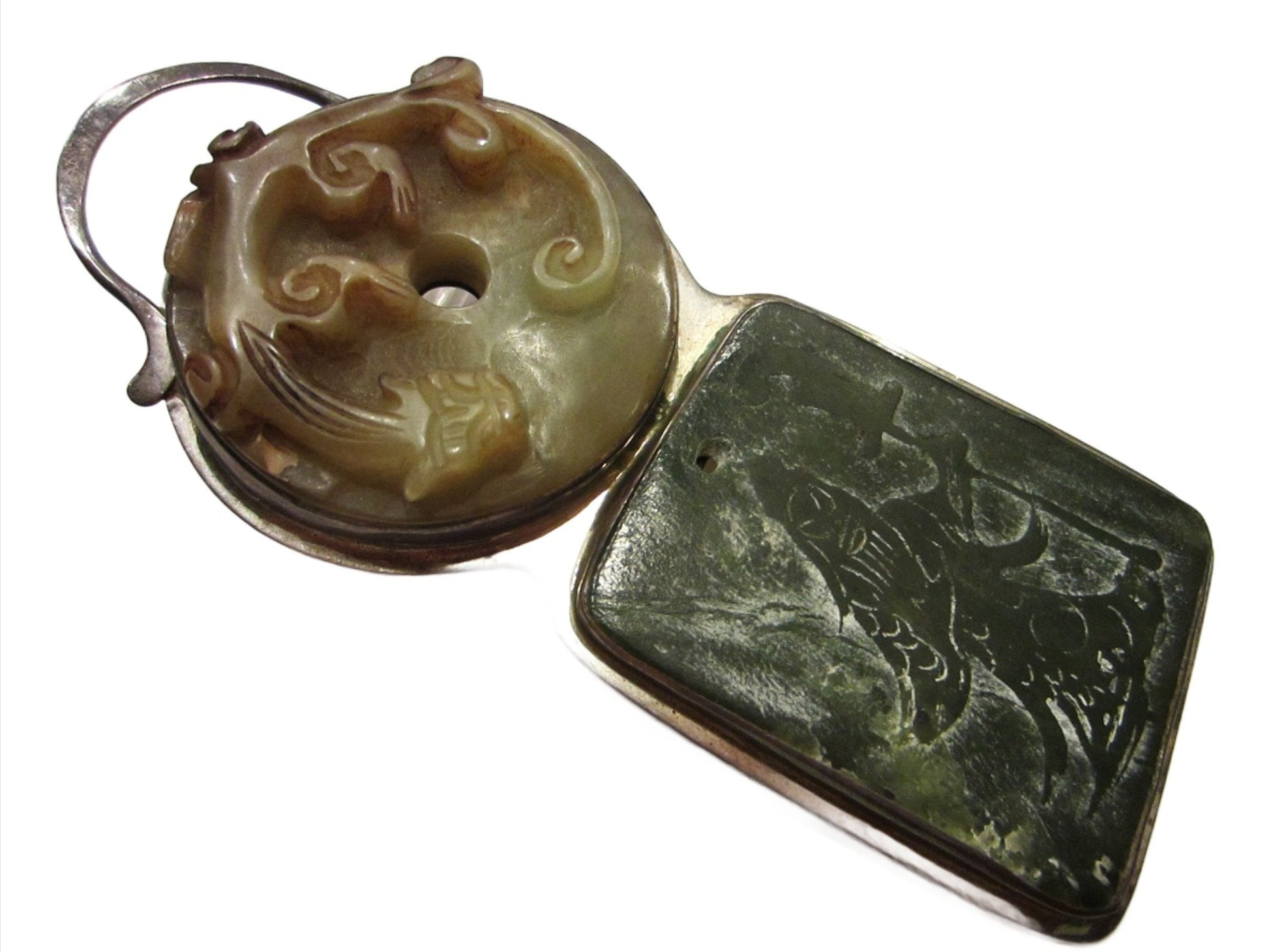 Jade Pendant Asian Carved Dragon Figurative Silver Frame By Gail Goldin - Designer Unique Finds 