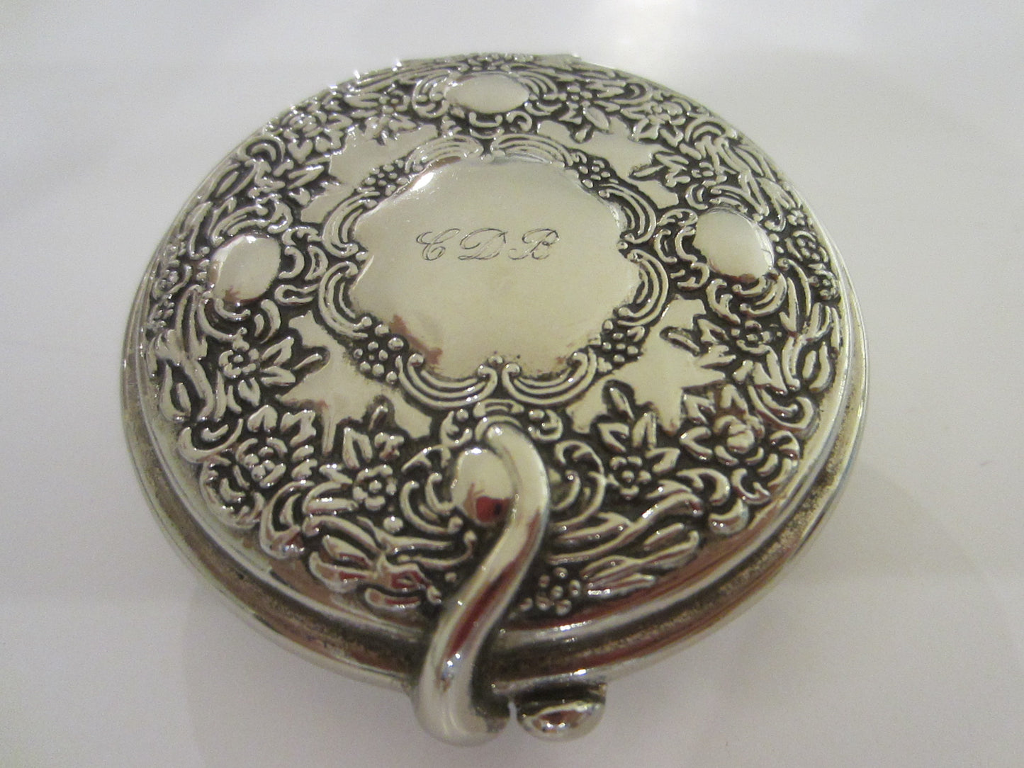 Silver Plated Miniature Monogrammed Mid Century Mirror Compact